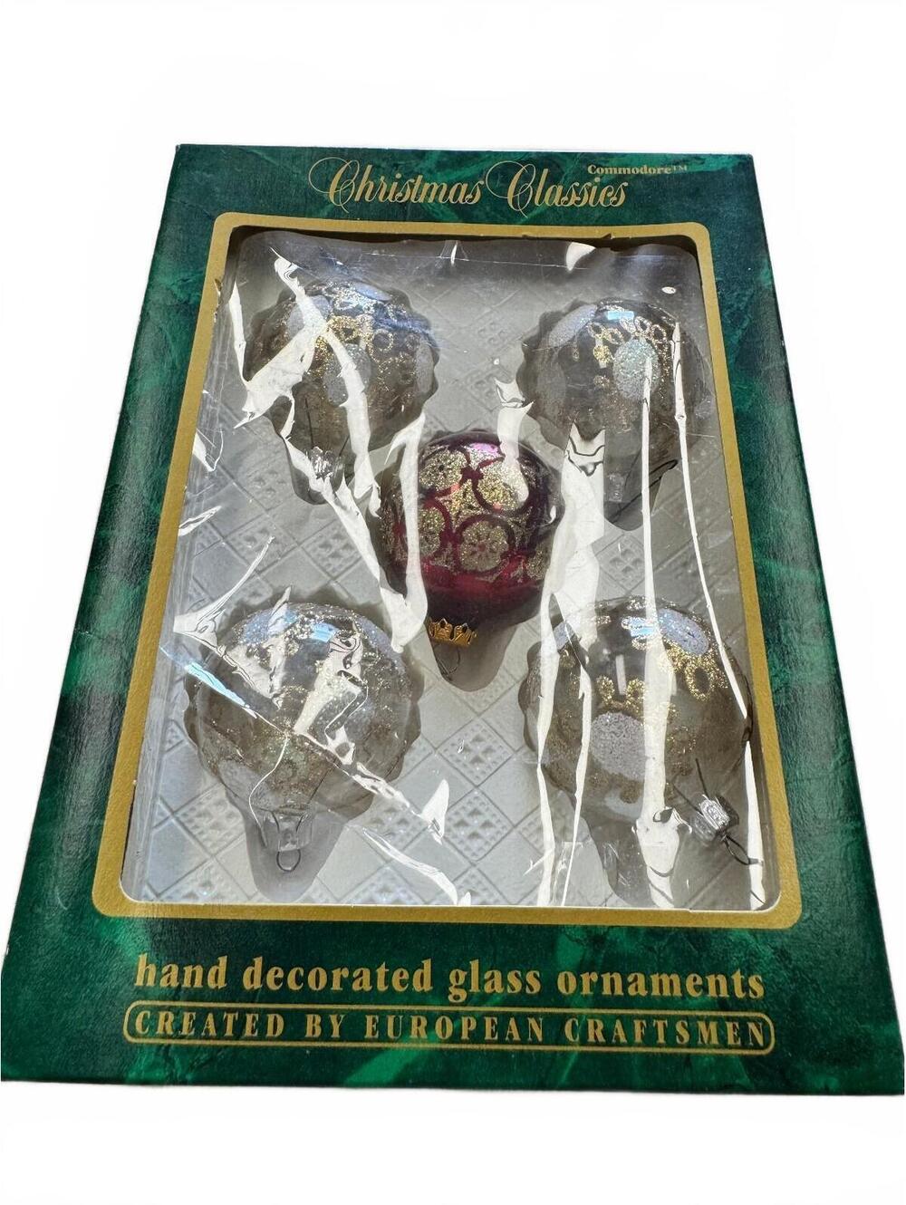 Commodore Christmas Classics 5 Hand Decorated Glass Ornaments Romania